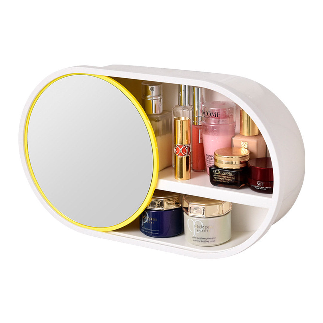 NNEAGS 39cm Oval Wall-Mounted Mirror Storage Box Vanity Mirror Rack Bathroom Adhesive Shelf Home Organiser Decor