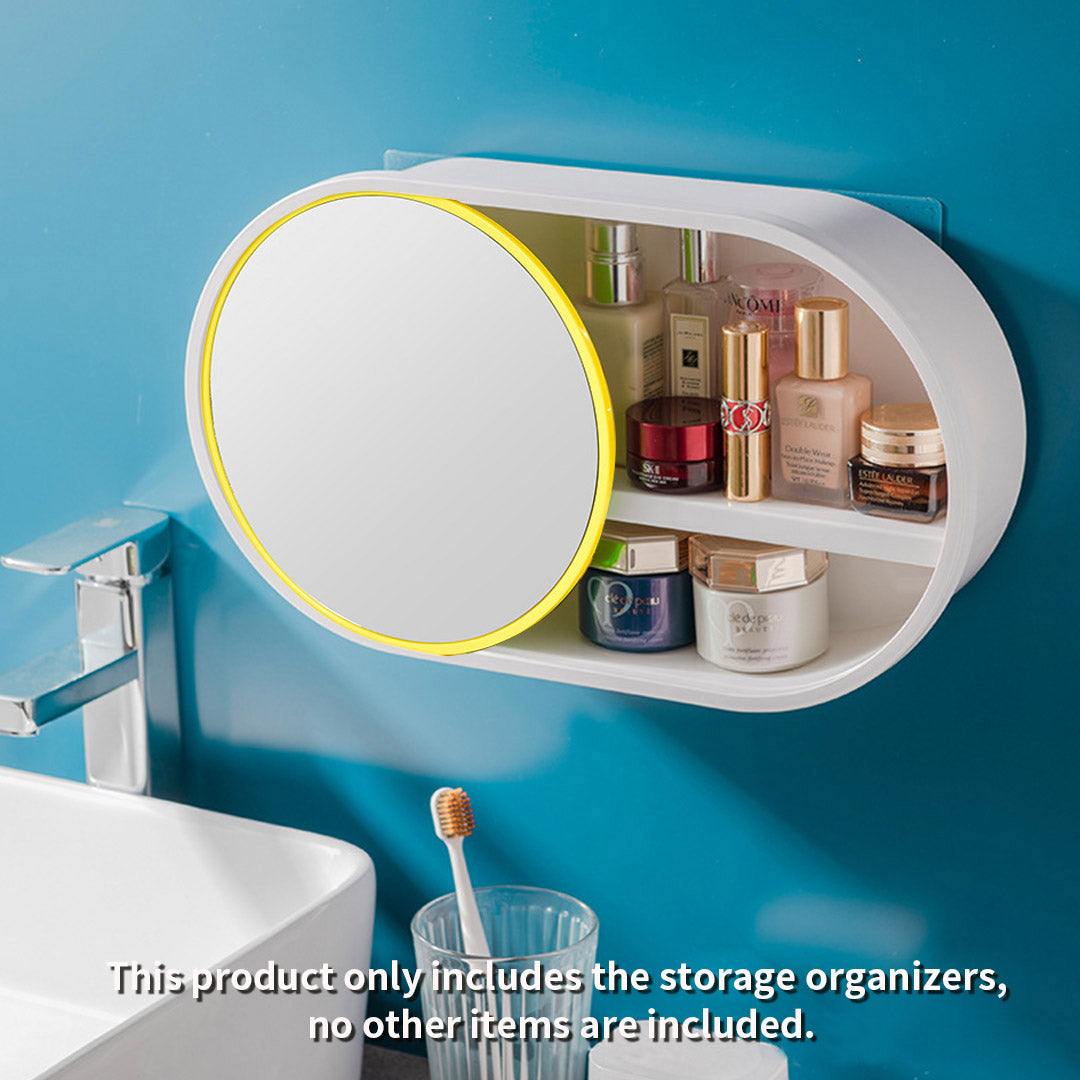NNEAGS 39cm Oval Wall-Mounted Mirror Storage Box Vanity Mirror Rack Bathroom Adhesive Shelf Home Organiser Decor