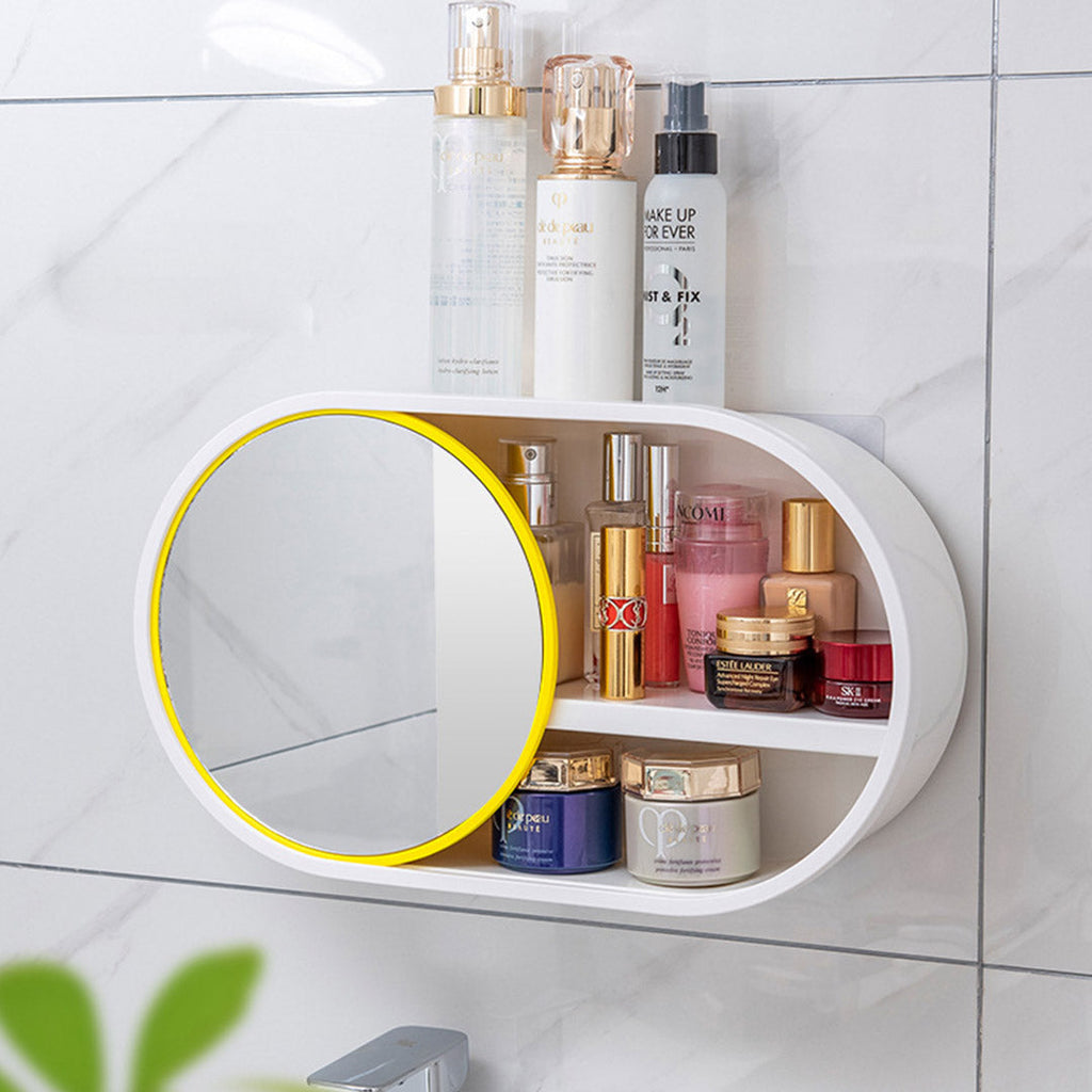 NNEAGS 39cm Oval Wall-Mounted Mirror Storage Box Vanity Mirror Rack Bathroom Adhesive Shelf Home Organiser Decor