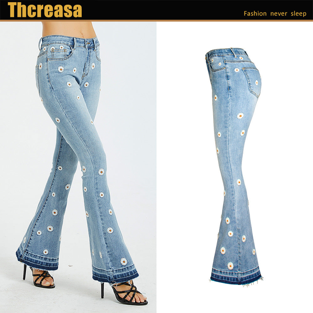 ebay Amazon hot sale Women's wide-leg jeans embroidered horn Daisy jeans women's wide-leg jeans