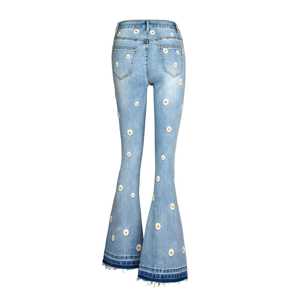 ebay Amazon hot sale Women's wide-leg jeans embroidered horn Daisy jeans women's wide-leg jeans