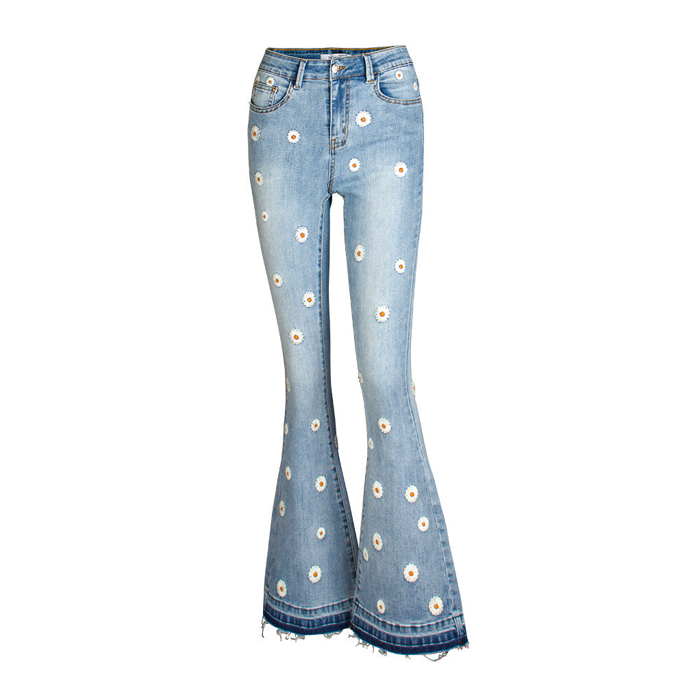 ebay Amazon hot sale Women's wide-leg jeans embroidered horn Daisy jeans women's wide-leg jeans