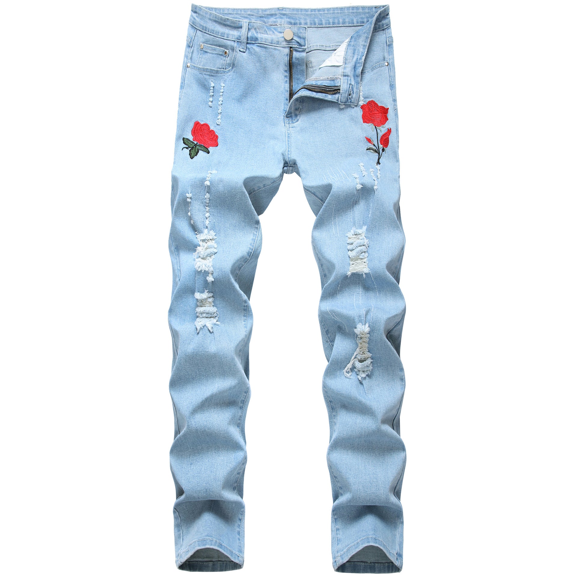 Embroidered jeans men's Stretch Slim-fit ripped embroidered jeans exclusive for cross-border men's jeans summer thin