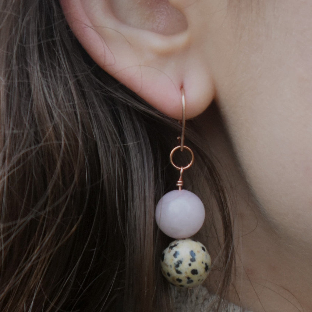 Dalmatian Jasper and Rose Quartz Rose Gold Vermeil, 9k or 18k Rose Gold Earrings, Bloom Collection | by nlanlaVictory