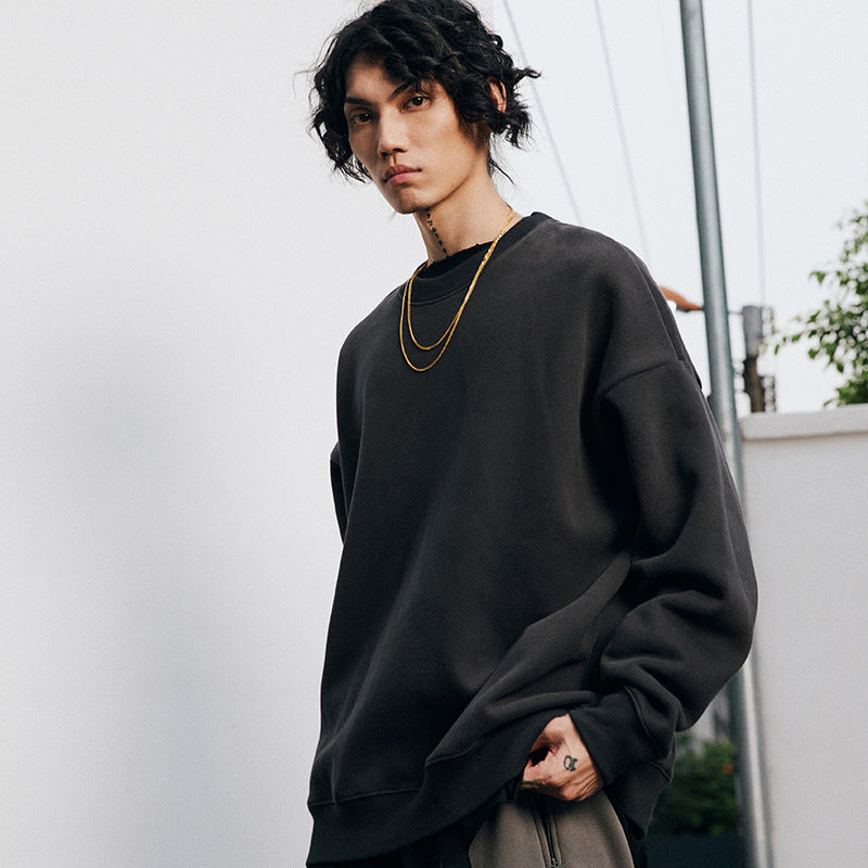 # OVDY autumn and winter menswear fashion brand fleece-lined thick style solid color loose shoulder oversize round neck sweater warm