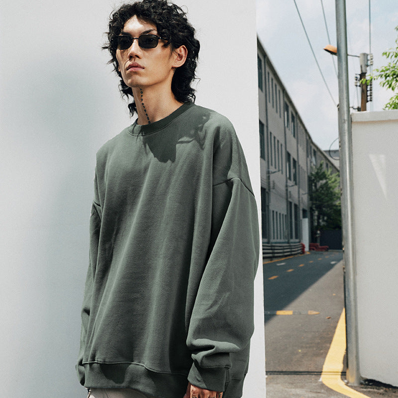 # OVDY autumn and winter menswear fashion brand fleece-lined thick style solid color loose shoulder oversize round neck sweater warm