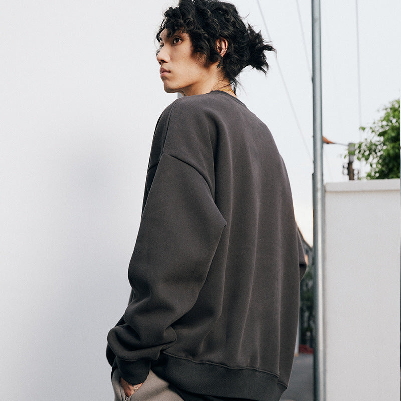 # OVDY autumn and winter menswear fashion brand fleece-lined thick style solid color loose shoulder oversize round neck sweater warm