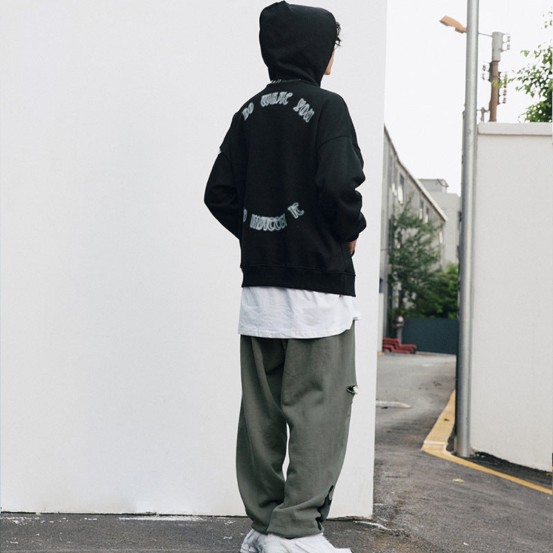 # OVDY autumn and winter new fashion brand vintage fleece-lined elastic ankle-tied ripped versatile men's knitted sweatpants