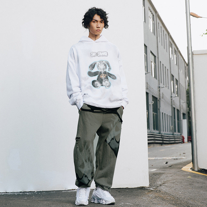 # OVDY autumn and winter new fashion brand vintage fleece-lined elastic ankle-tied ripped versatile men's knitted sweatpants