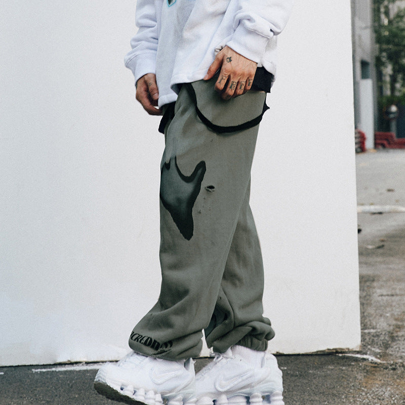 # OVDY autumn and winter new fashion brand vintage fleece-lined elastic ankle-tied ripped versatile men's knitted sweatpants