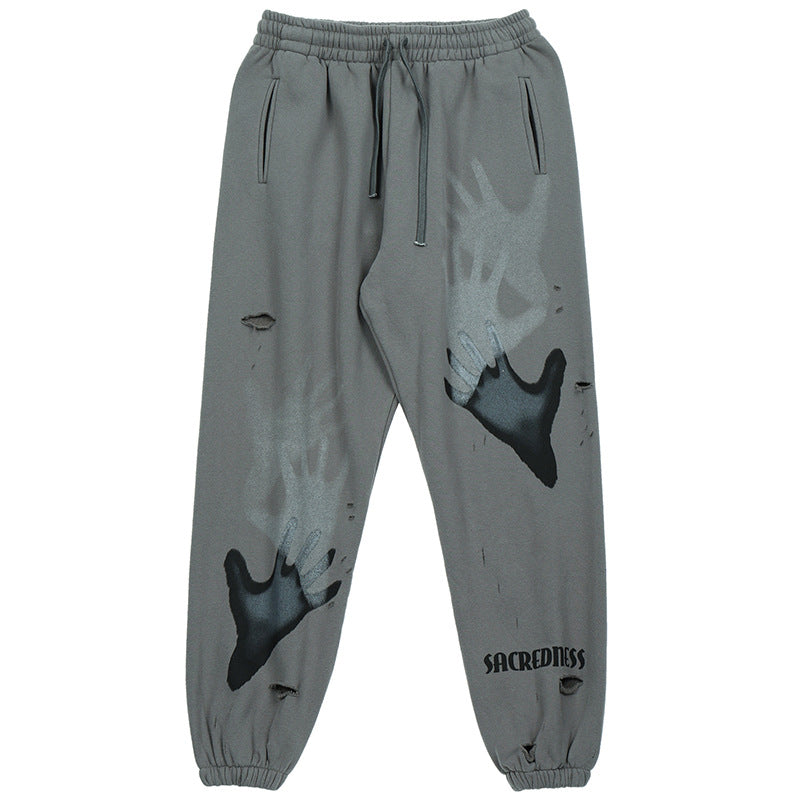 # OVDY autumn and winter new fashion brand vintage fleece-lined elastic ankle-tied ripped versatile men's knitted sweatpants