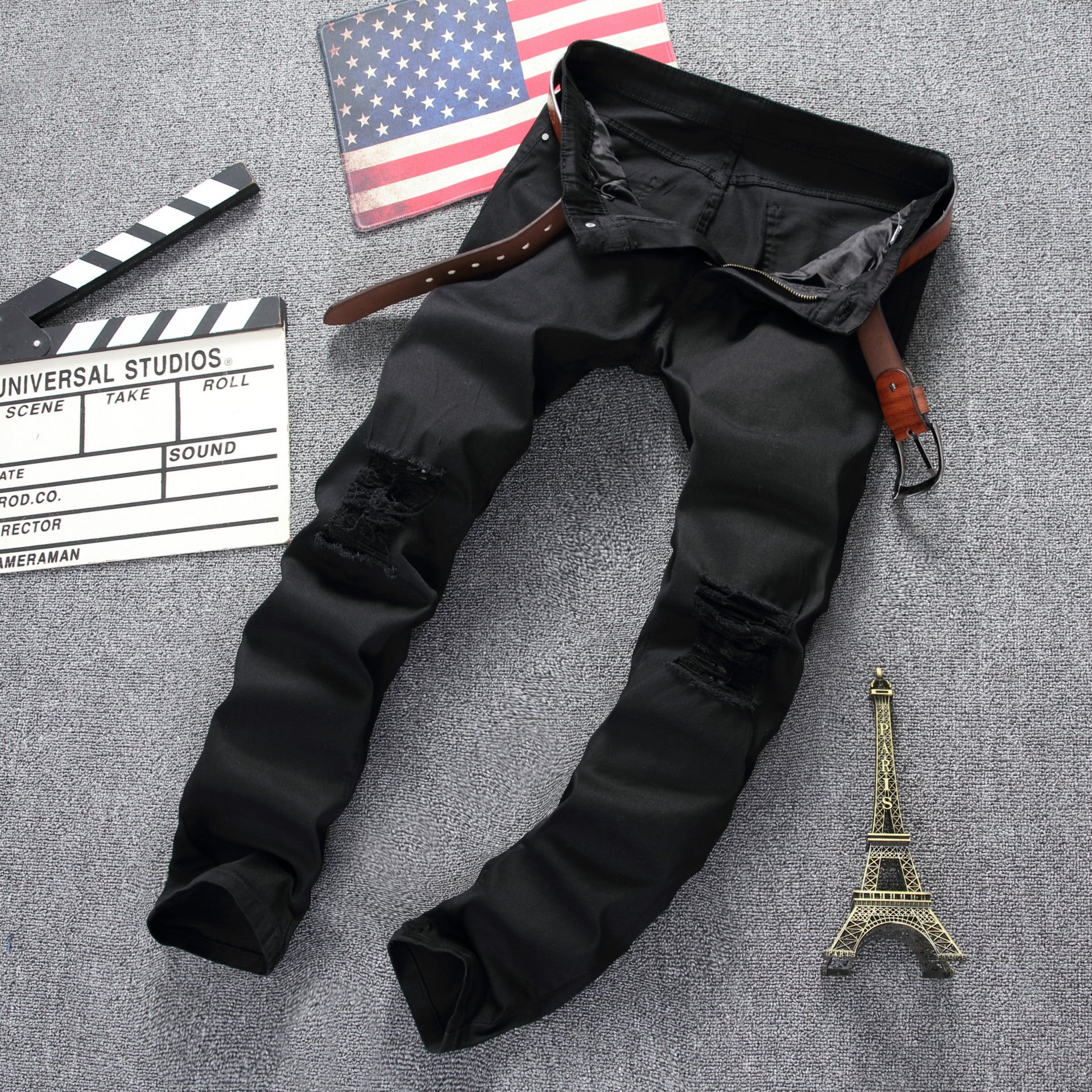 European and American high street style ripped Jeans Destroyed Denim Jeans skinny stretch men's and women's Jeans