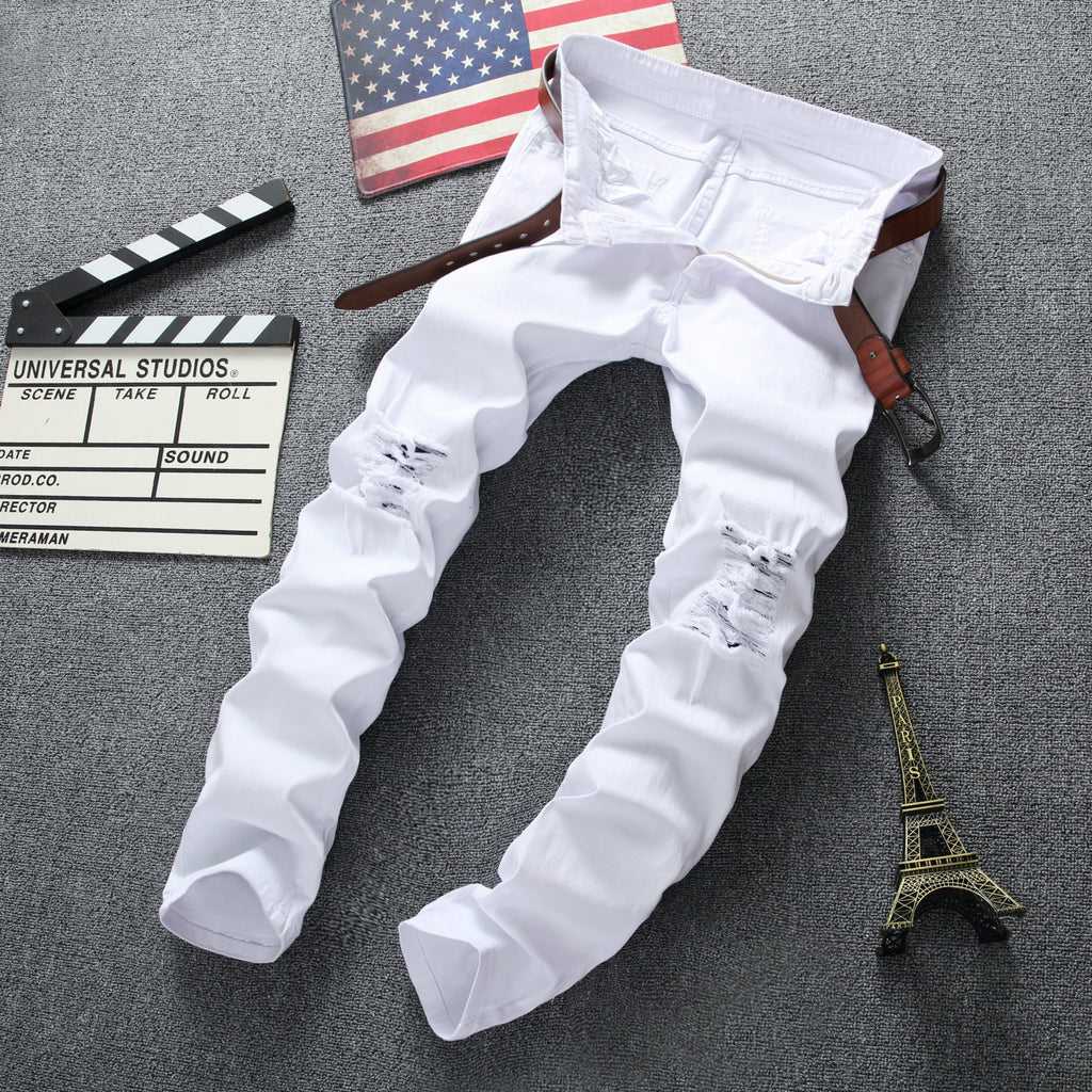 European and American high street style ripped Jeans Destroyed Denim Jeans skinny stretch men's and women's Jeans