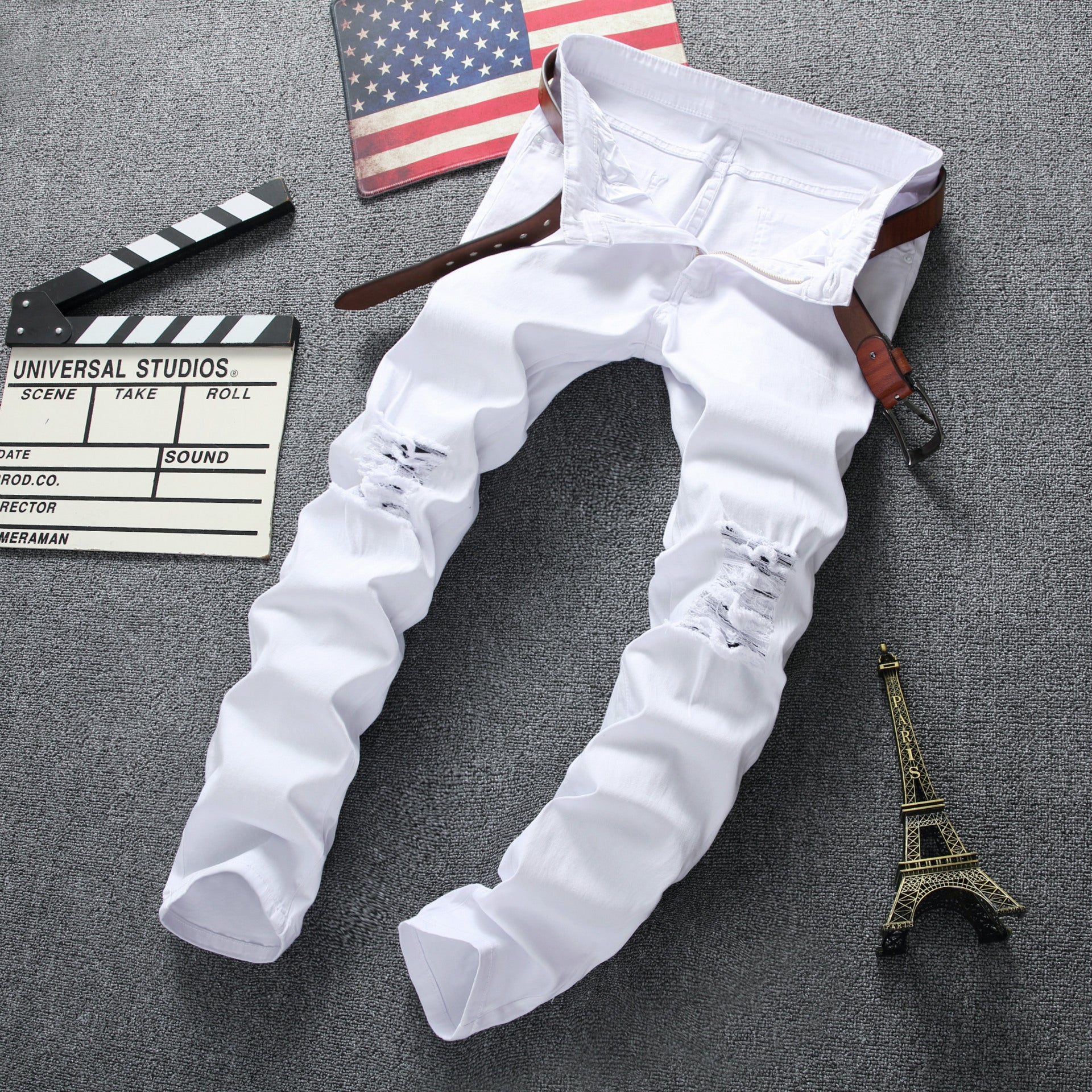 European and American high street style ripped Jeans Destroyed Denim Jeans skinny stretch men's and women's Jeans