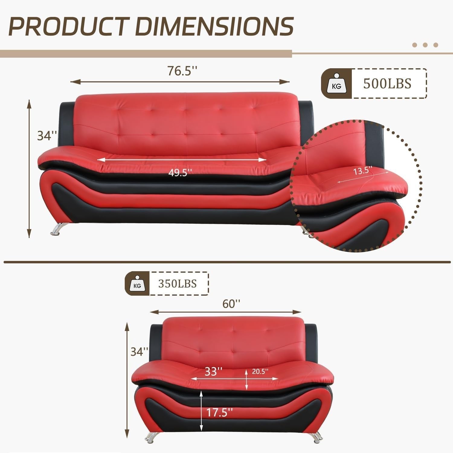 Faux Leather Living Room Sofa Set Red Black Loveseat