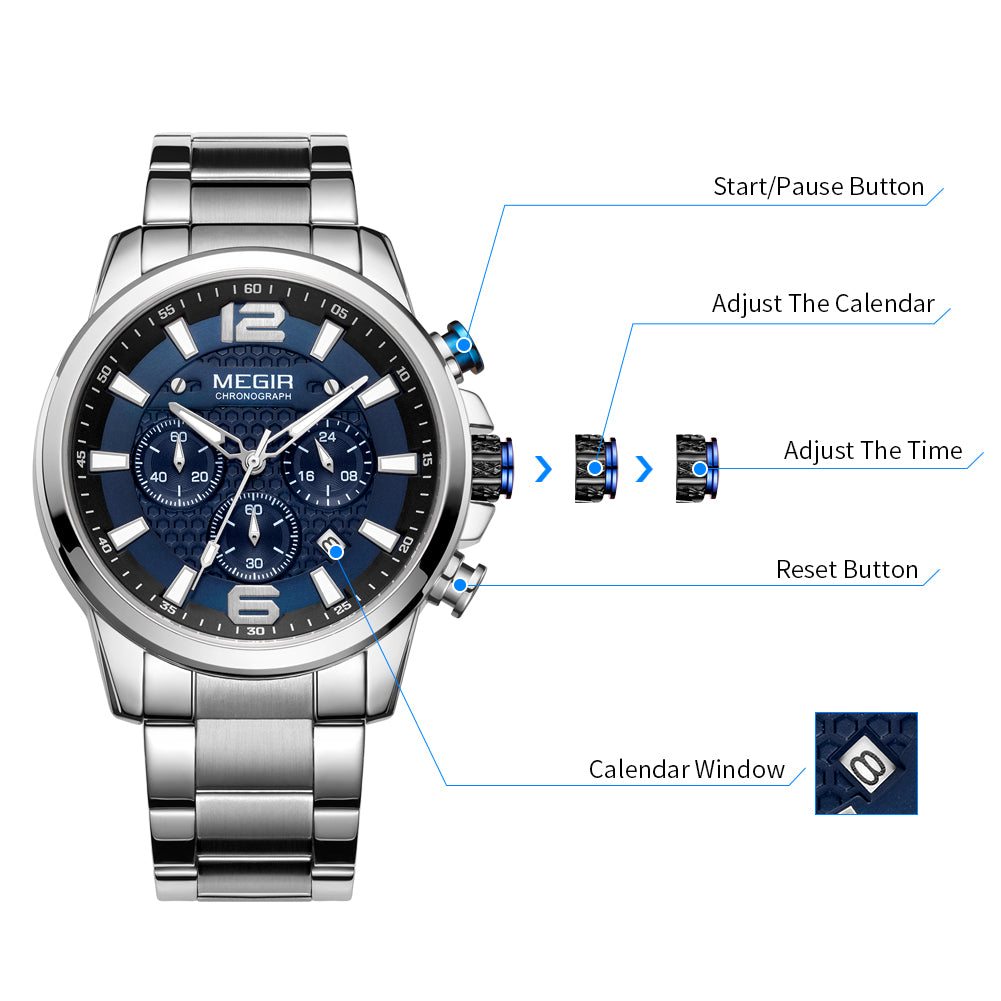 MEGIR Luxury Business Men Watch Fashion Quartz Sport Chronograph Luminous Waterproof Calendar Stainless Steel Male Wristwatch 2156