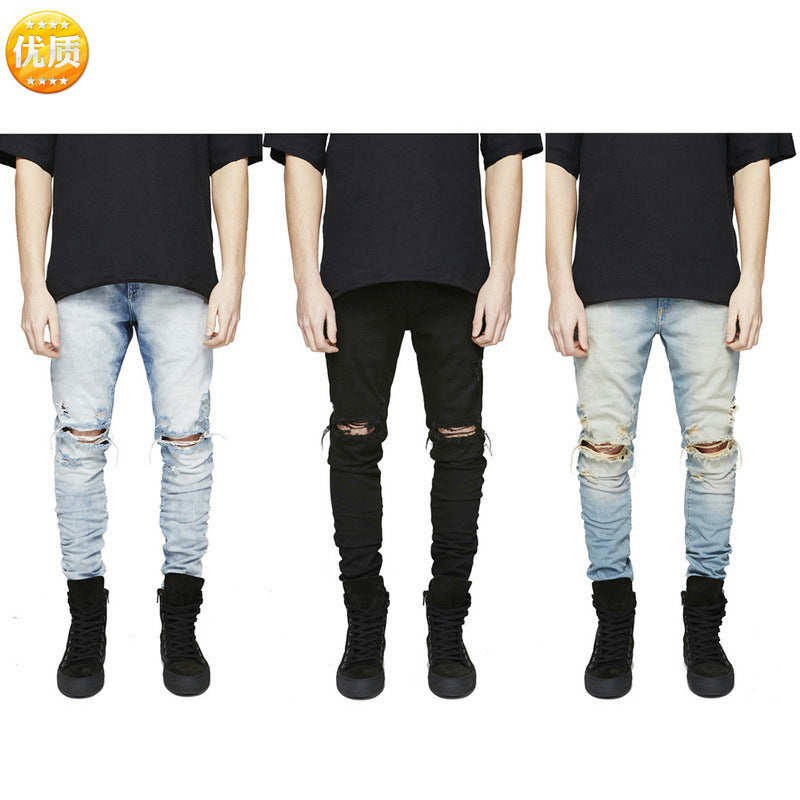 Cross-border new arrival Street Men's ripped jeans men's Korean-style high street personality design men's jeans