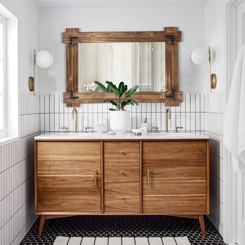 20x30 Rustic Wood Mirror For Bath With Black Metal Accents