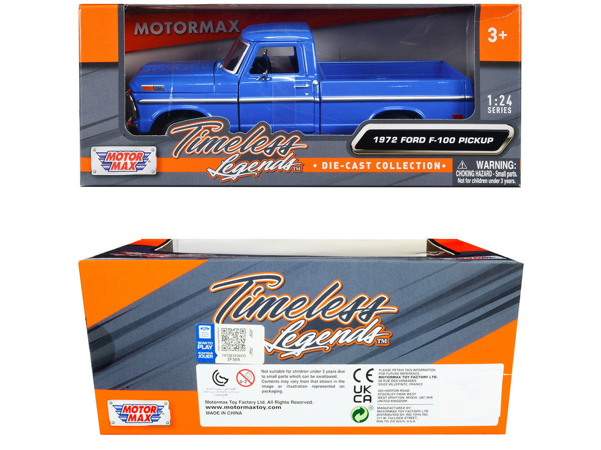 1972 Ford F-100 Pickup Truck Blue "Timeless Legends" Series 1/24 Diecast Model Car by Motormax