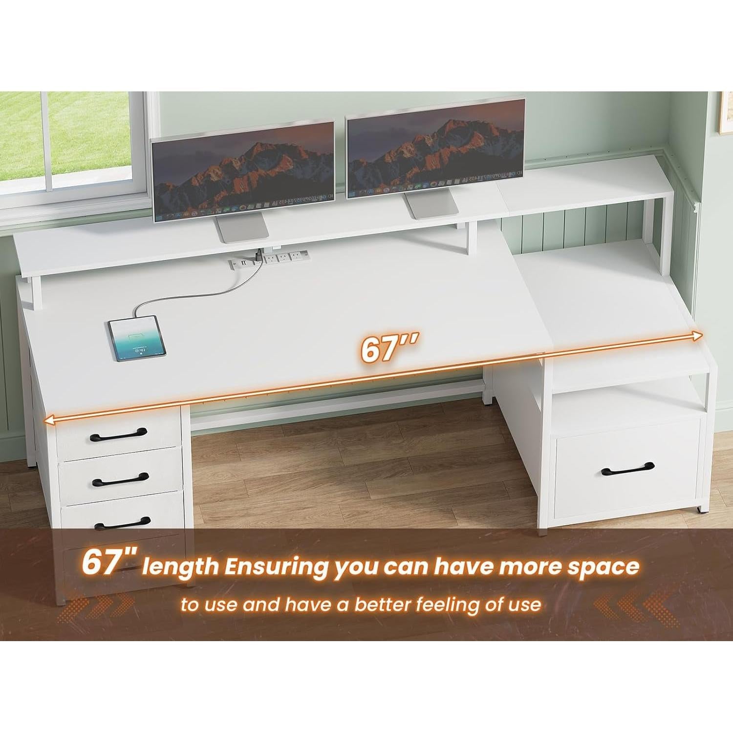 Modern Home Office Desk With 5 Drawers And LED Lights