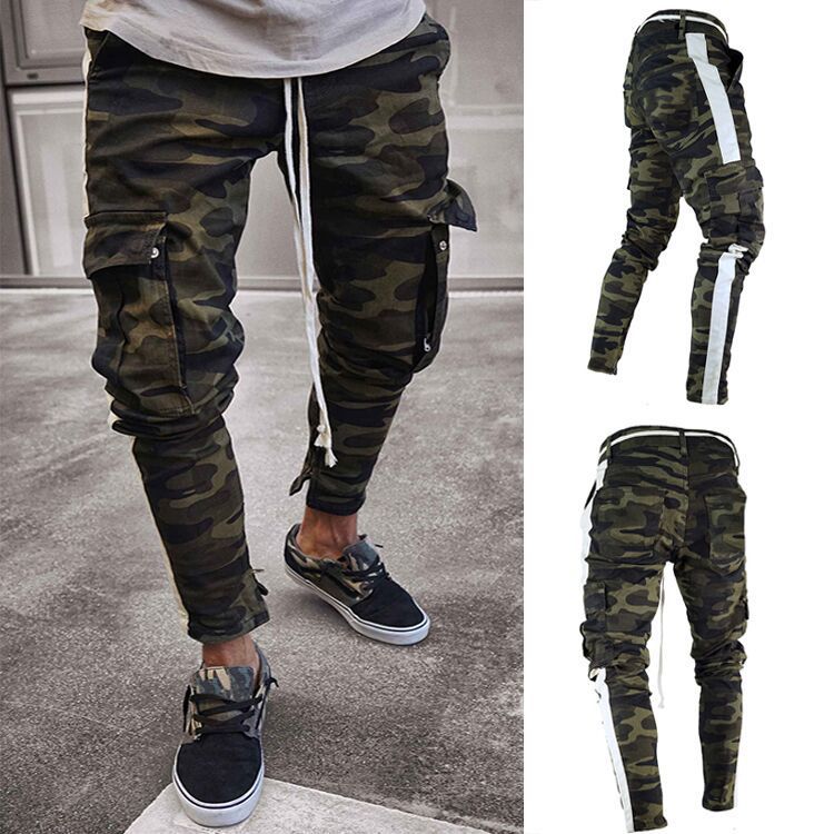 Amazon wish Europe and America cross border Men's multi-pocket skinny jeans side ribbon camouflage jeans