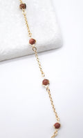 18K Gold Filled 5mm Designed Brown aventurine Bead Necklace (F221)