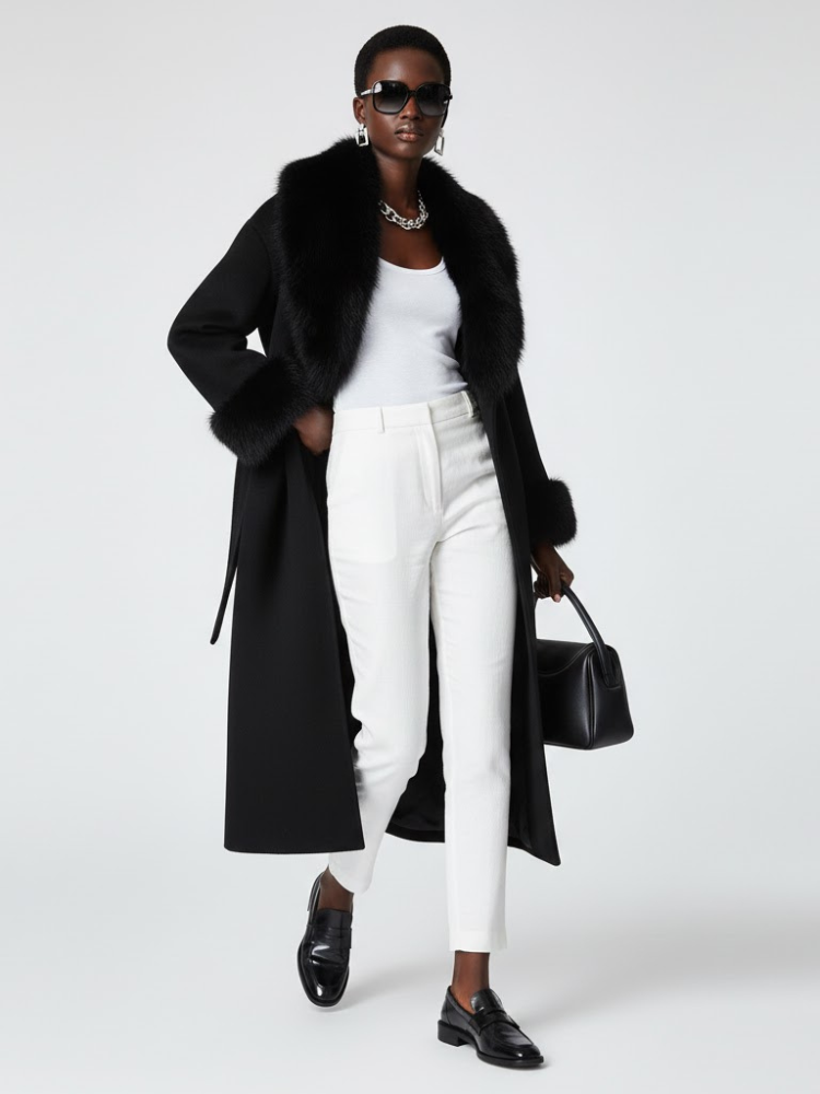 Black Long Coat with Faux Fur Collar - CADMAN PLAZA: New Collection COUTURE in BROOKLYN - BYMANYC ® New York