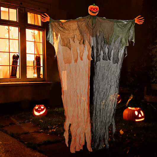 6 Feet Hanging Pumpkin Ghost with Red Glowing Eyes and Bendable Arms