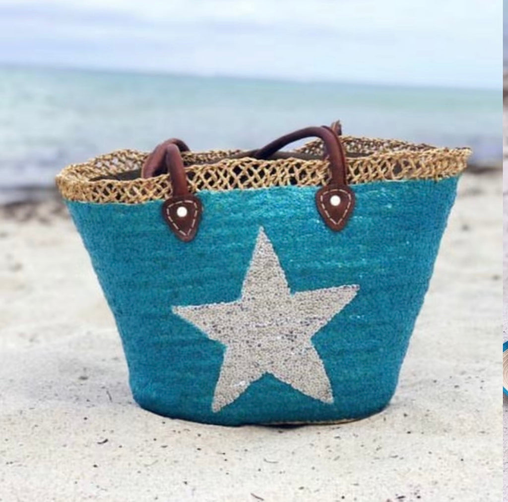 Turquoise Star Sequin Moroccan Beach Tote Bag