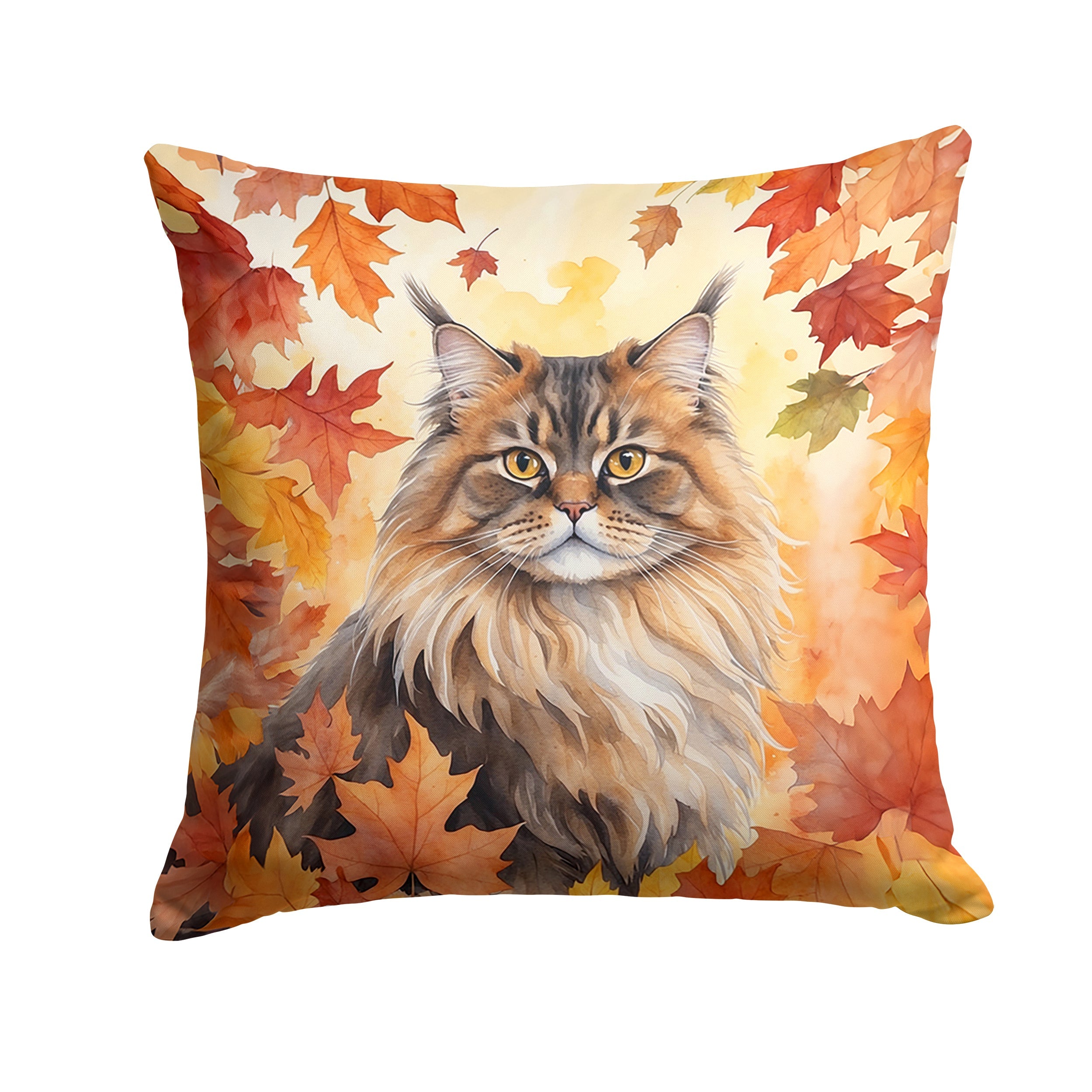 British Longhair Cat in Fall Leaves Throw Pillow