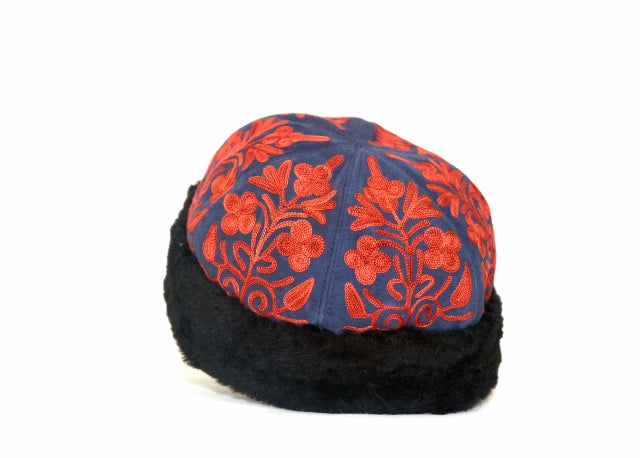 Handcrafted Navy and Red Suede Embroidered Hat