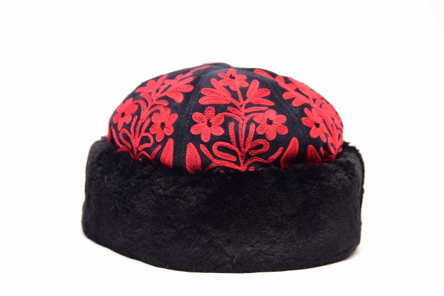 Handcrafted Black and Red Suede Embroidered Hat