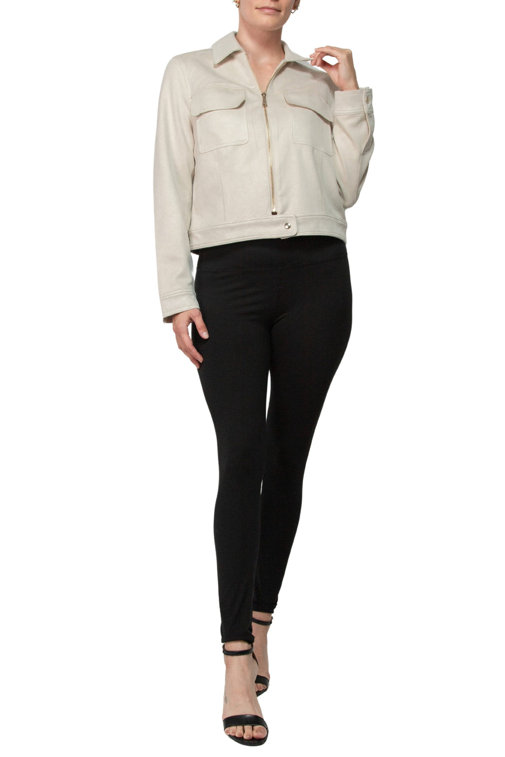 Elie Spread Collar Long Sleeves Chest Pockets Faux Leather Zip Closure Jacket