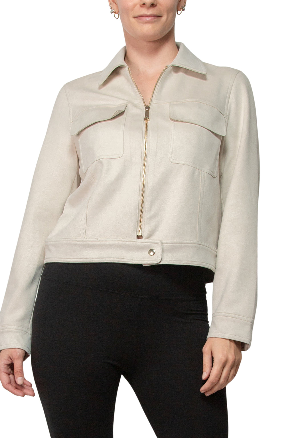 Elie Spread Collar Long Sleeves Chest Pockets Faux Leather Zip Closure Jacket