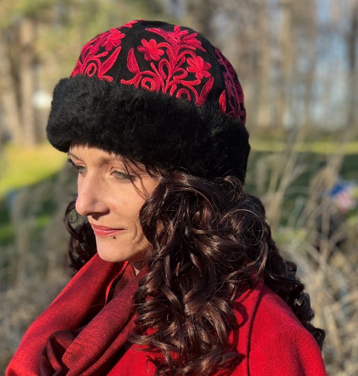 Handcrafted Black and Red Suede Embroidered Hat