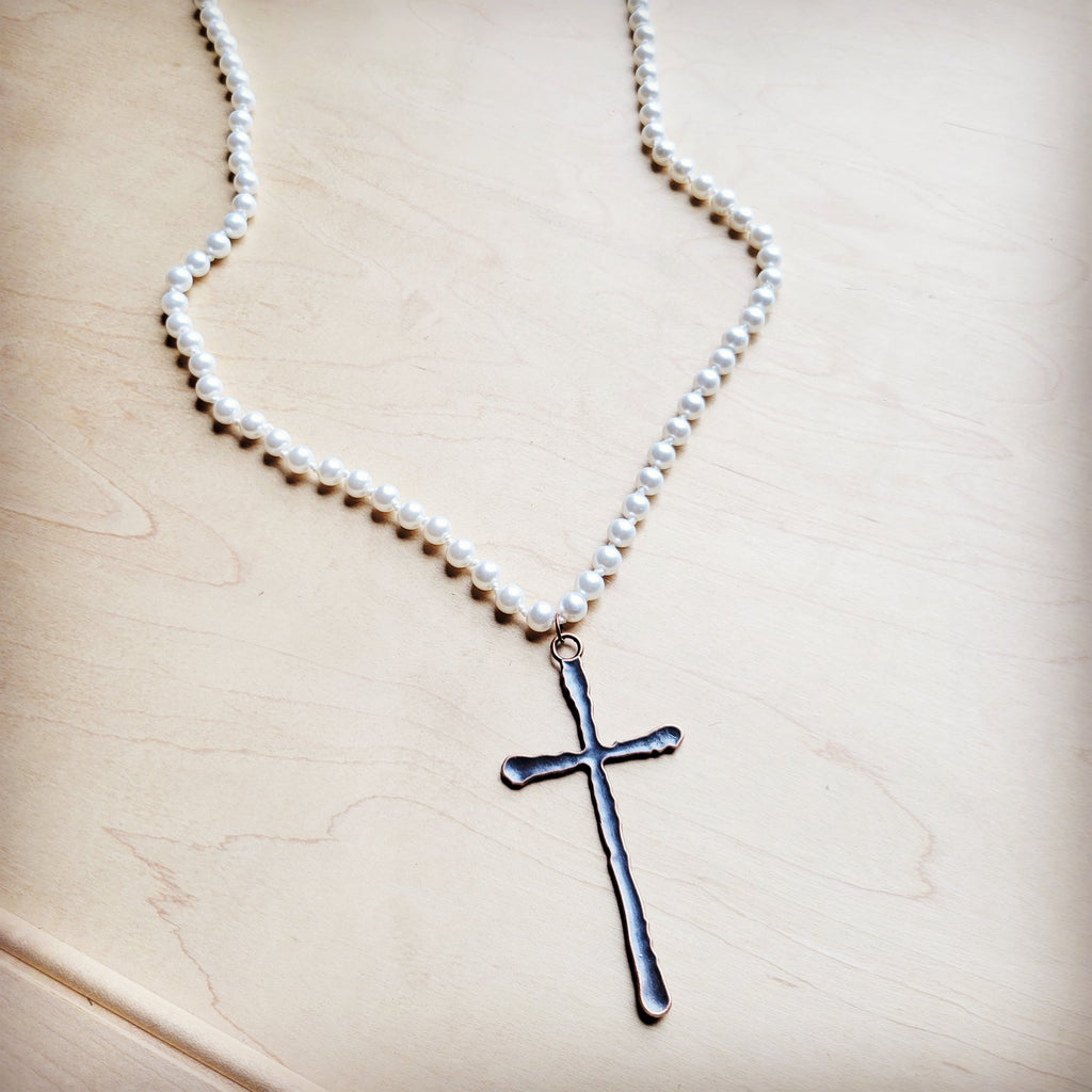 Extra Long Pearl Beaded Necklace w/ Copper Cross 260m