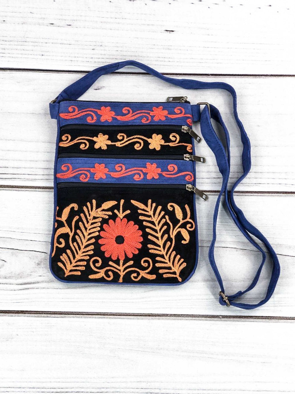 Suede Embroidered Tangerine and Blue Crossbody Bags
