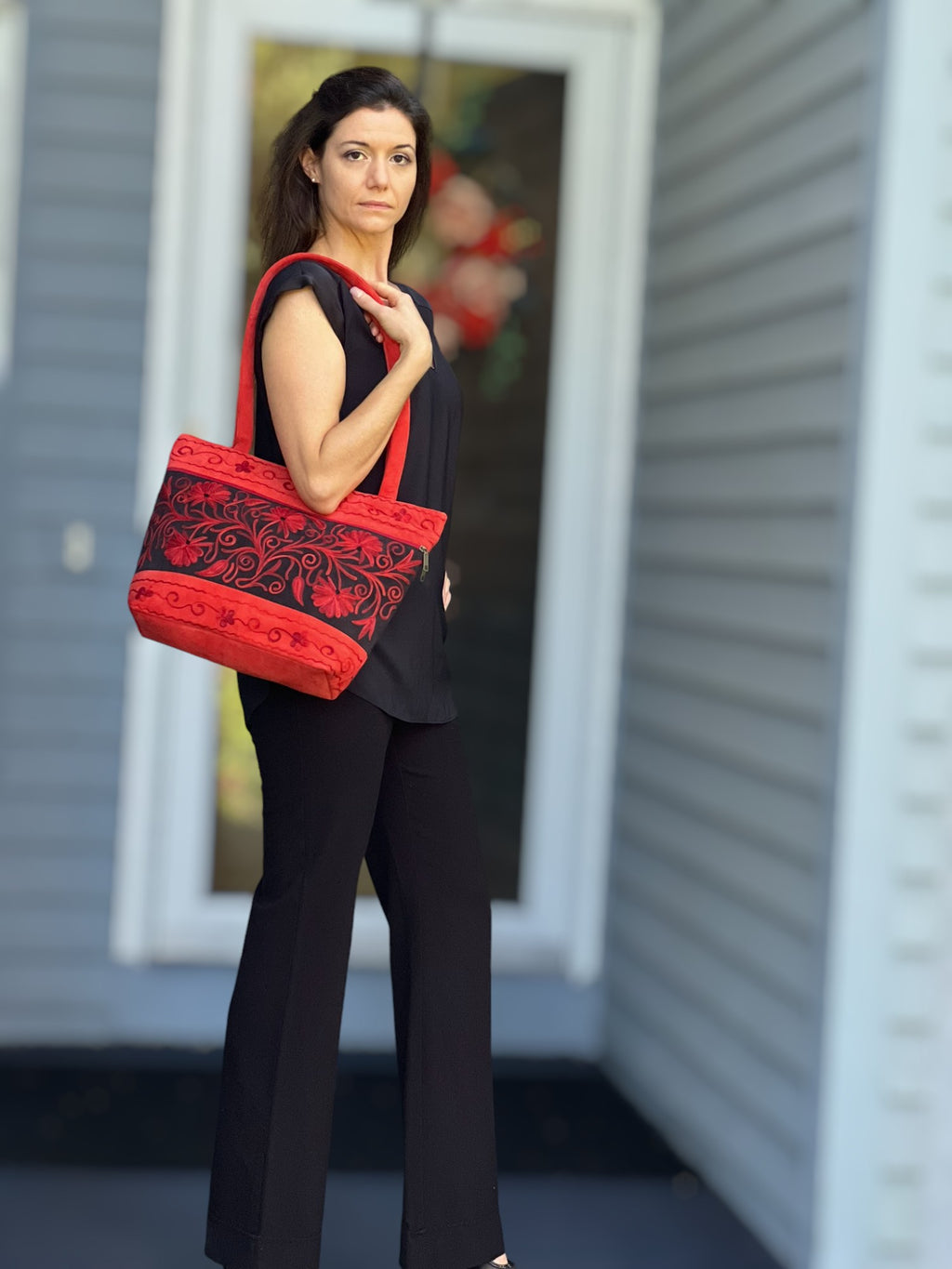Handmade Red Suede Embroidered Tote Bag
