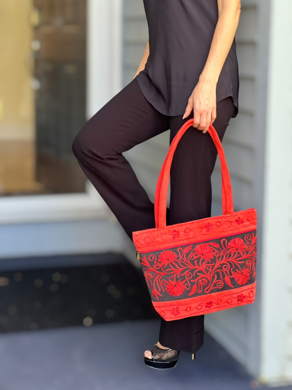 Handmade Red Suede Embroidered Tote Bag