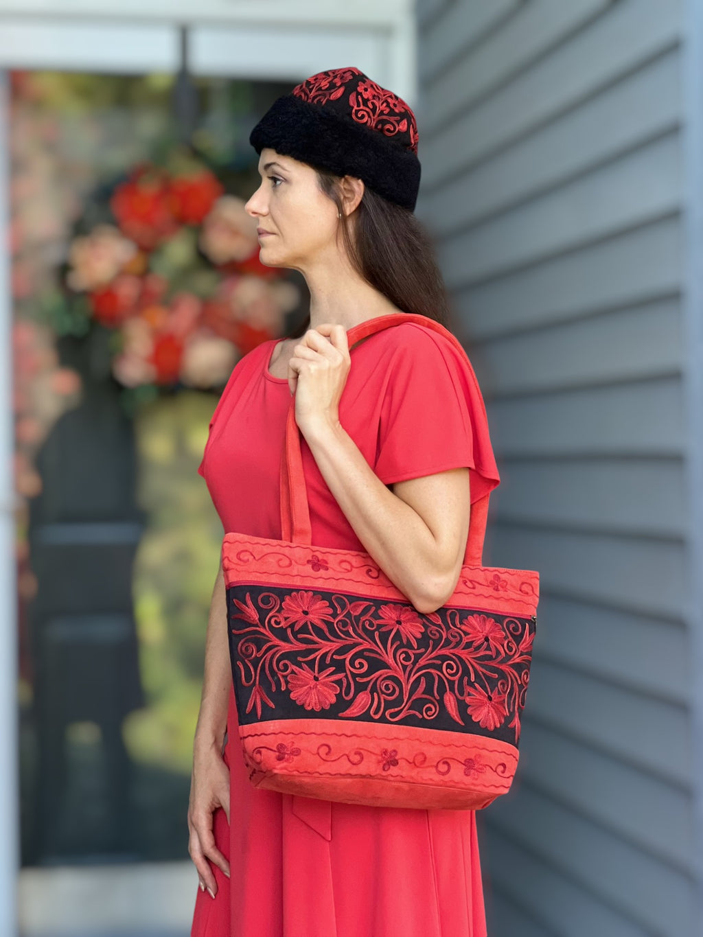 Handmade Red Suede Embroidered Tote Bag