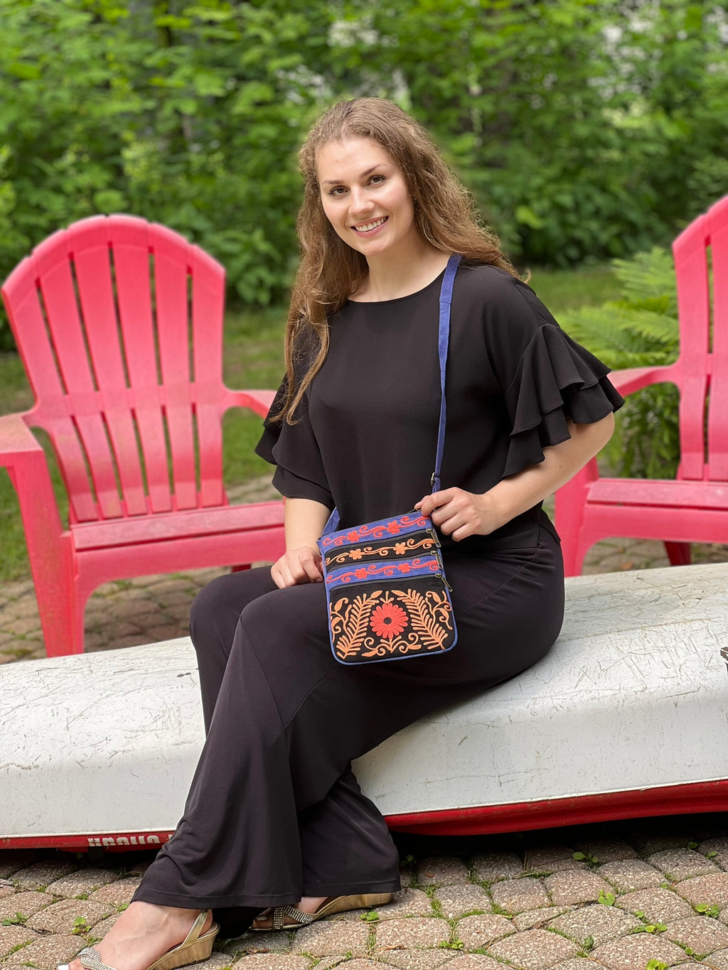 Suede Embroidered Tangerine and Blue Crossbody Bags