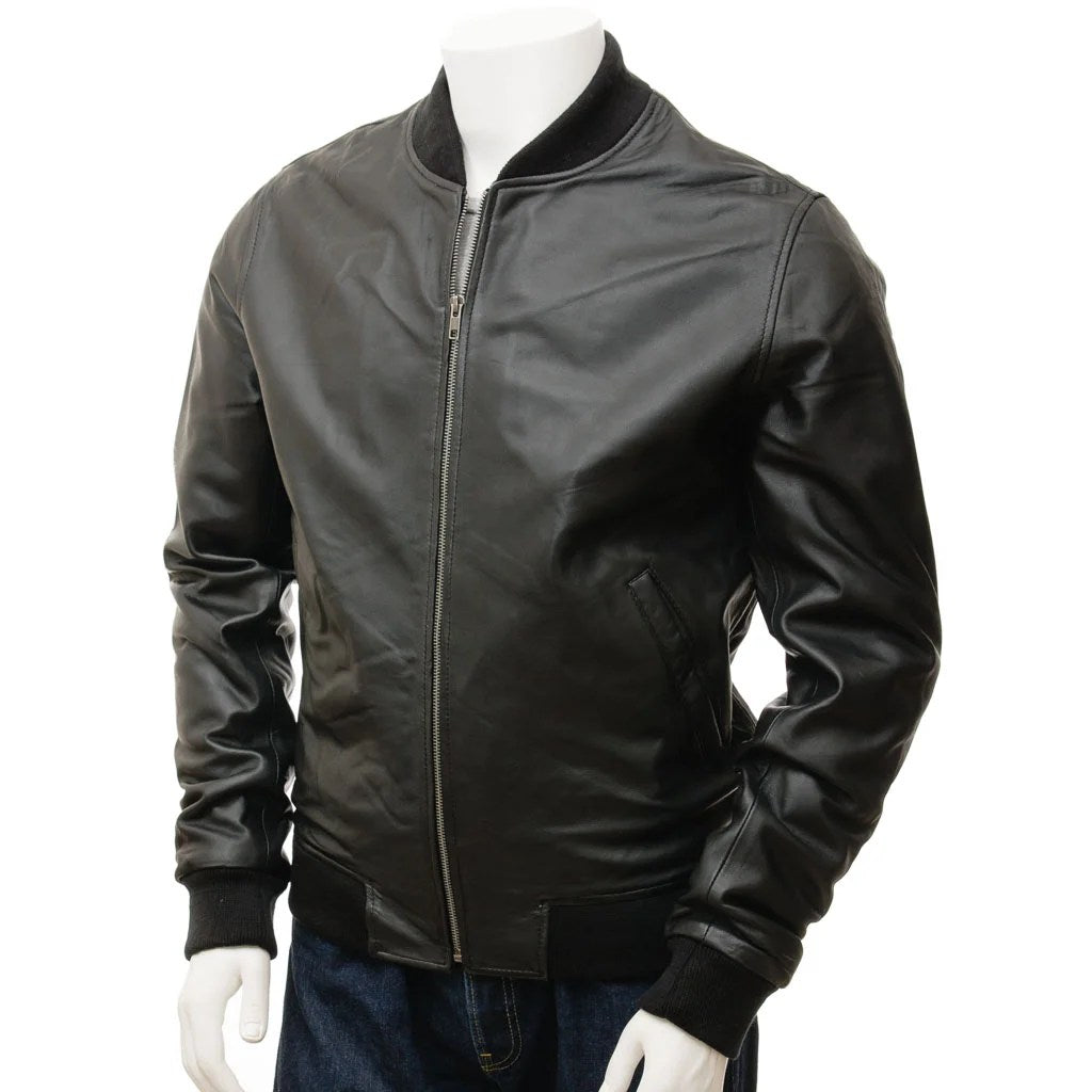 MEN BLACK LEATHER BOMBER JACKET BOSTON