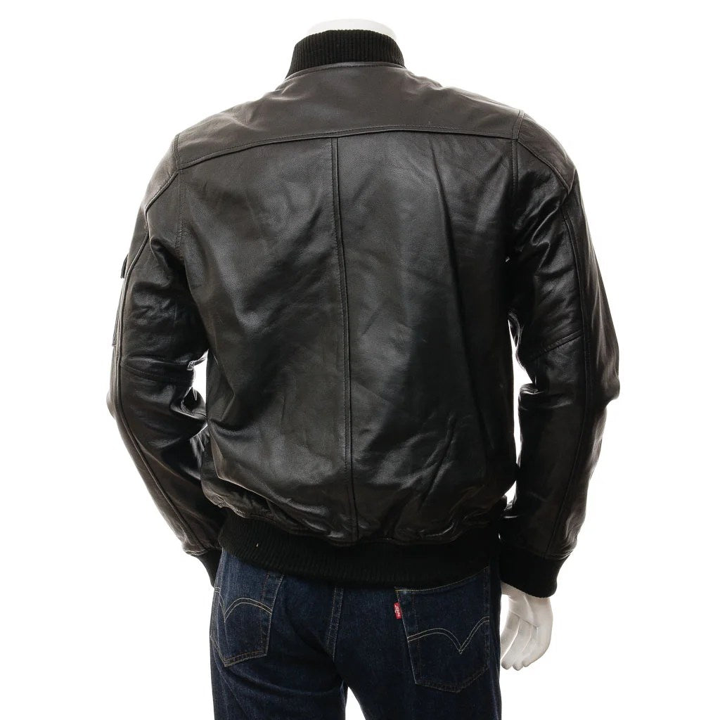 MEN BLACK LEATHER BOMBER JACKET BRANT