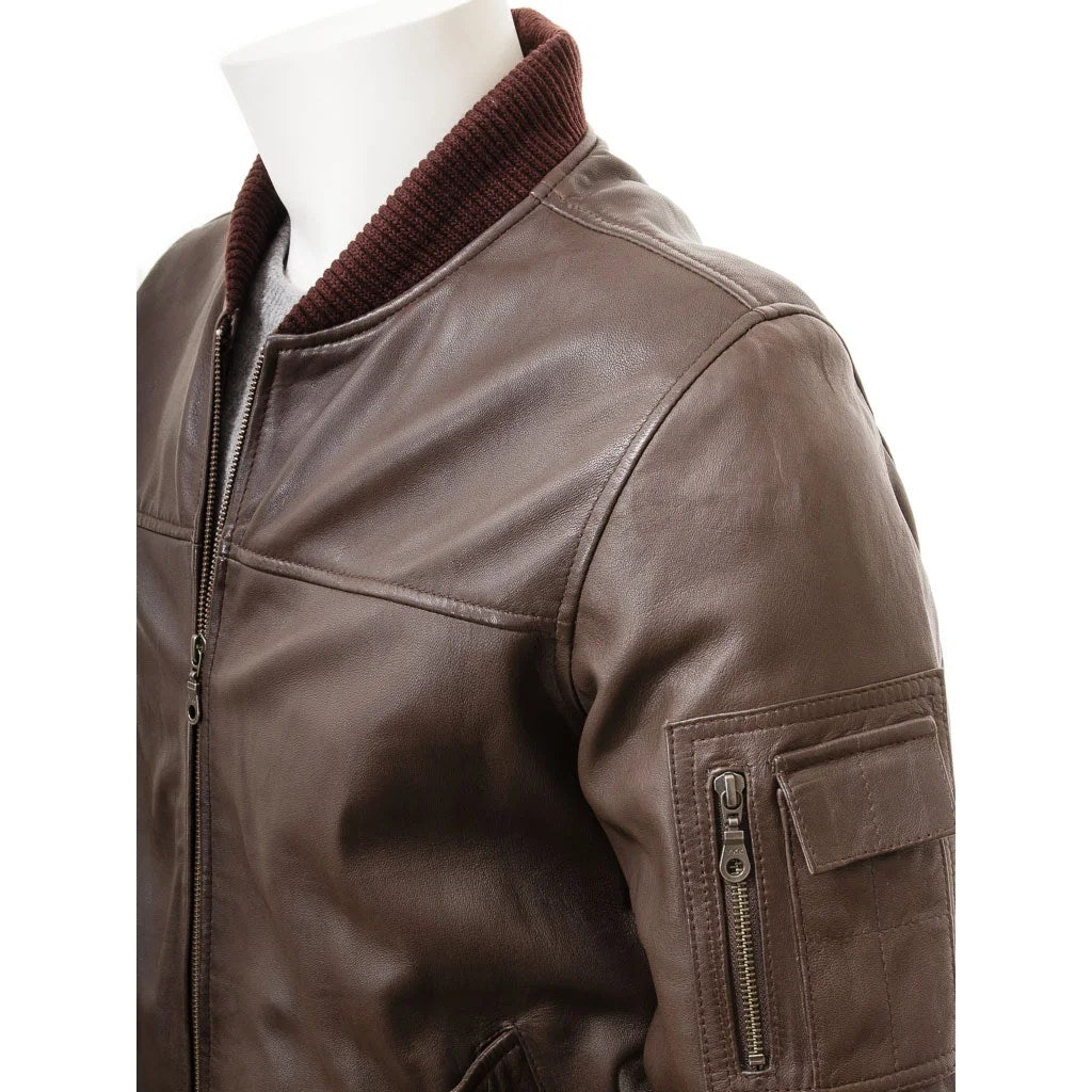 MEN BROWN LEATHER BOMBER JACKET BRISTOL