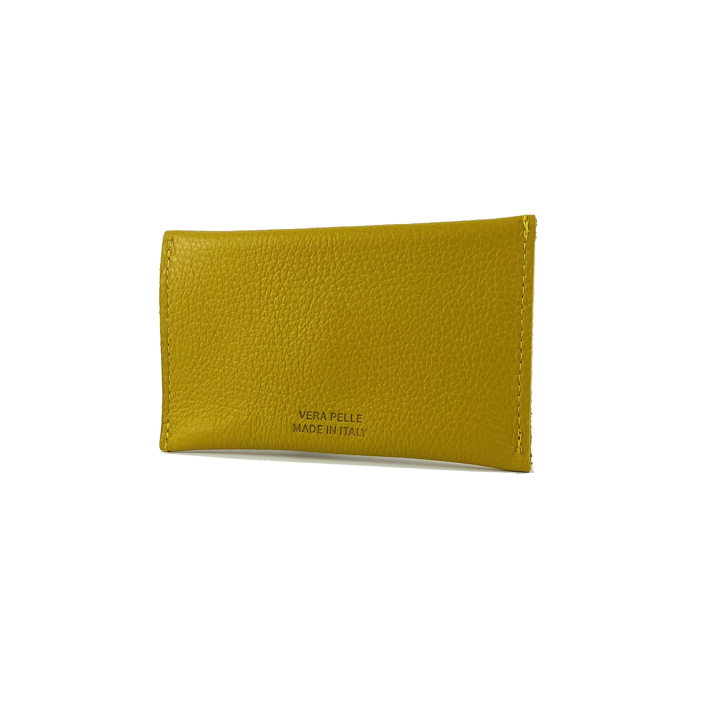 K0040RB | Made in Italy flap pouch in genuine full-grain leather, dollar grain - Yellow color - Size: 13 x 8 x 0.5 cm - Package: Hard bottom/cover Gift Box