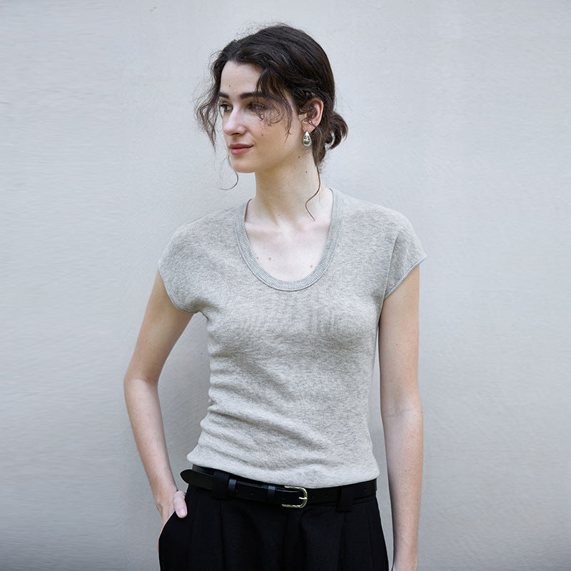 Old Qian style linen knitwear light and transparent autumn crew neck Tencel long-sleeved T-shirt stretch slim women's cotton and linen top