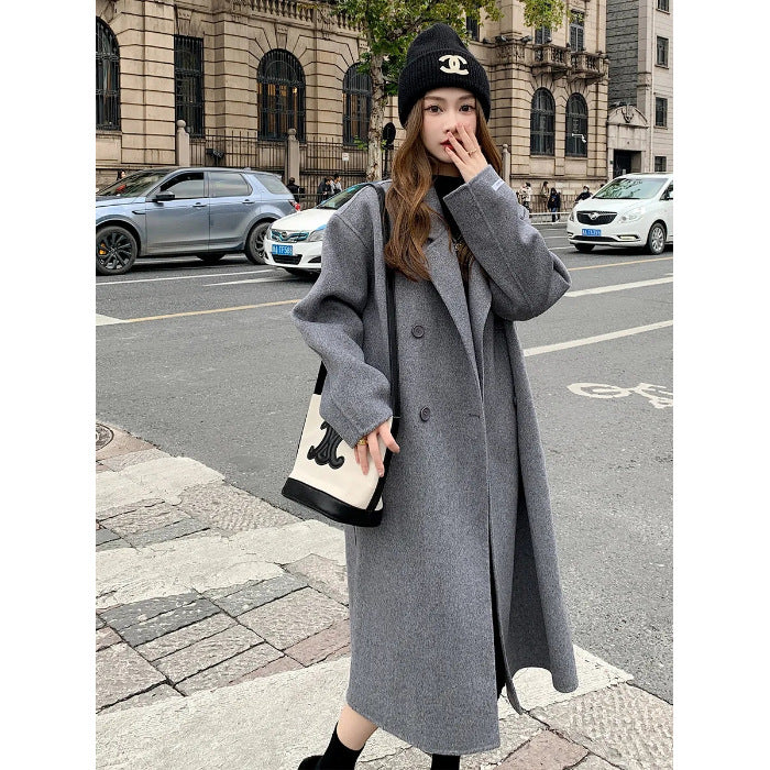 Pink reversible cashmere coat women 2023 autumn and winter New Korean style loose mid-length Hepburn style woolen coat