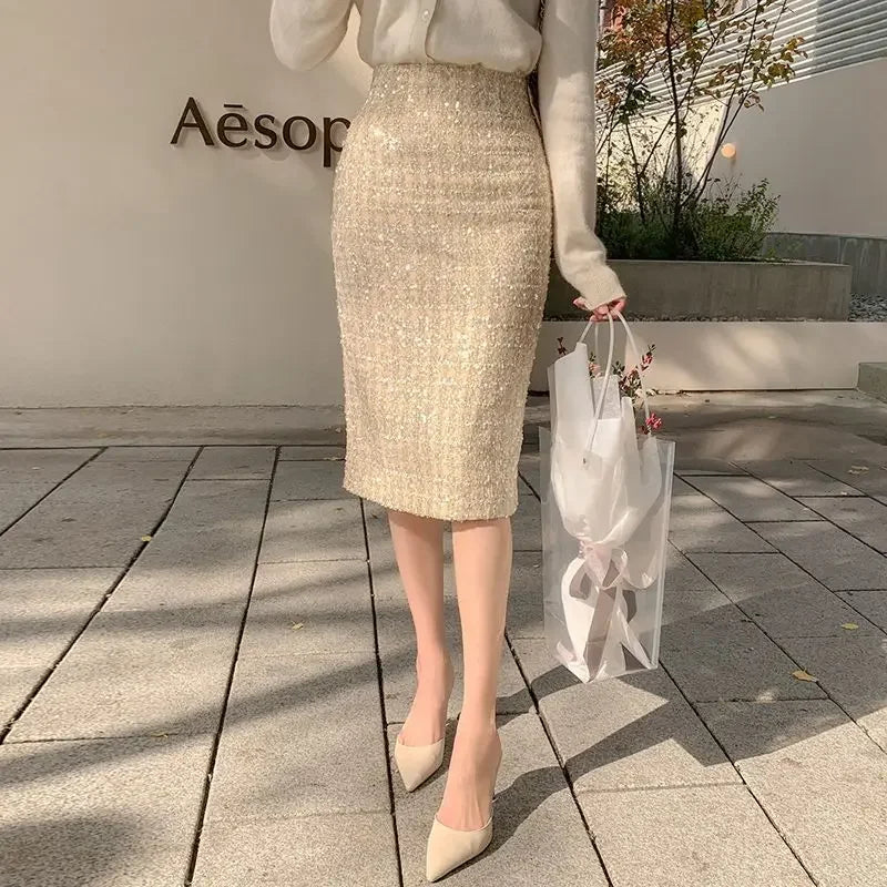 Chanel's style skirt women's tweed skirt sequined package hip skirt spring and autumn A- line skirt high waist skirt
