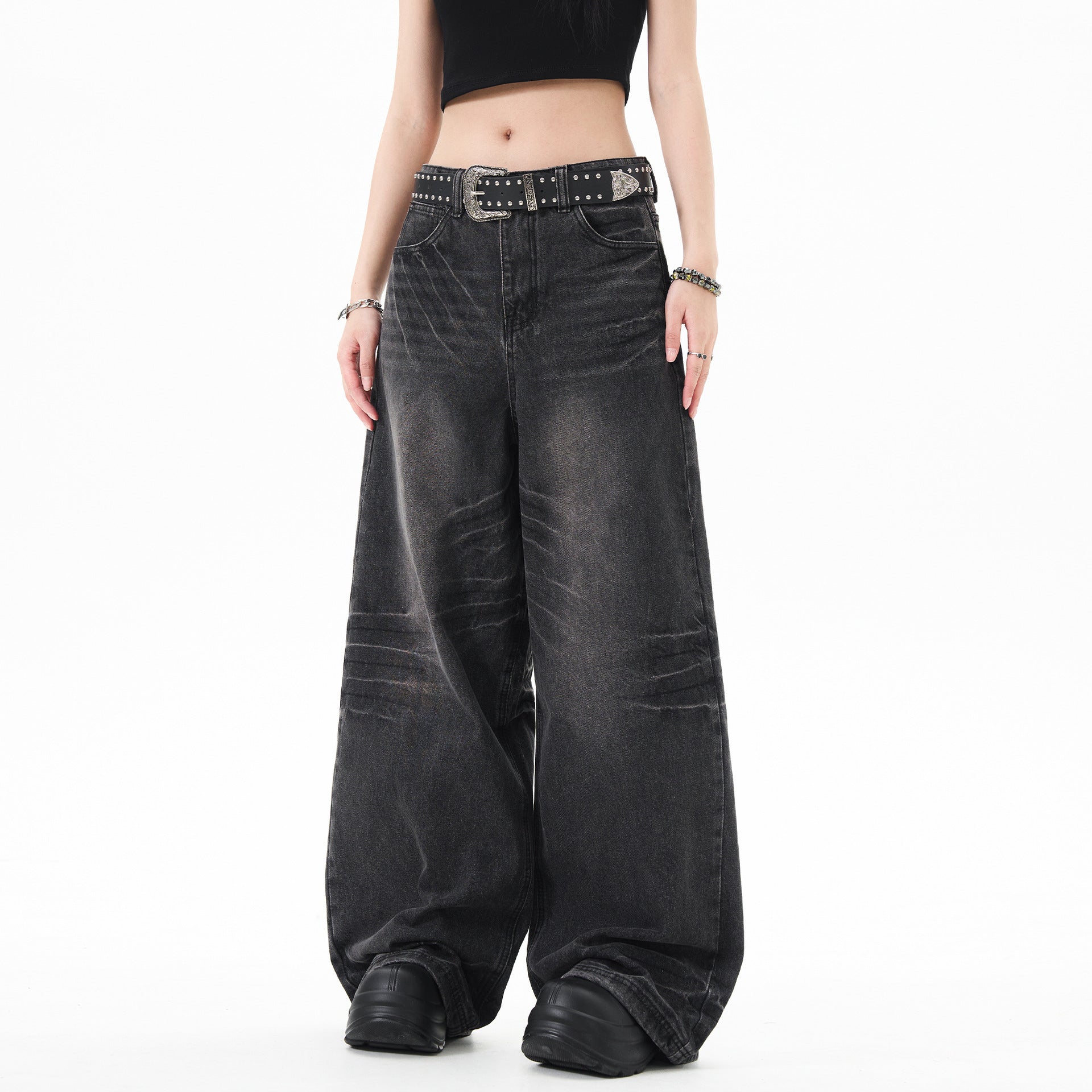 OREETA jeans American retro cat beard washed straight jeans fashion brand loose wide leg heavy jeans