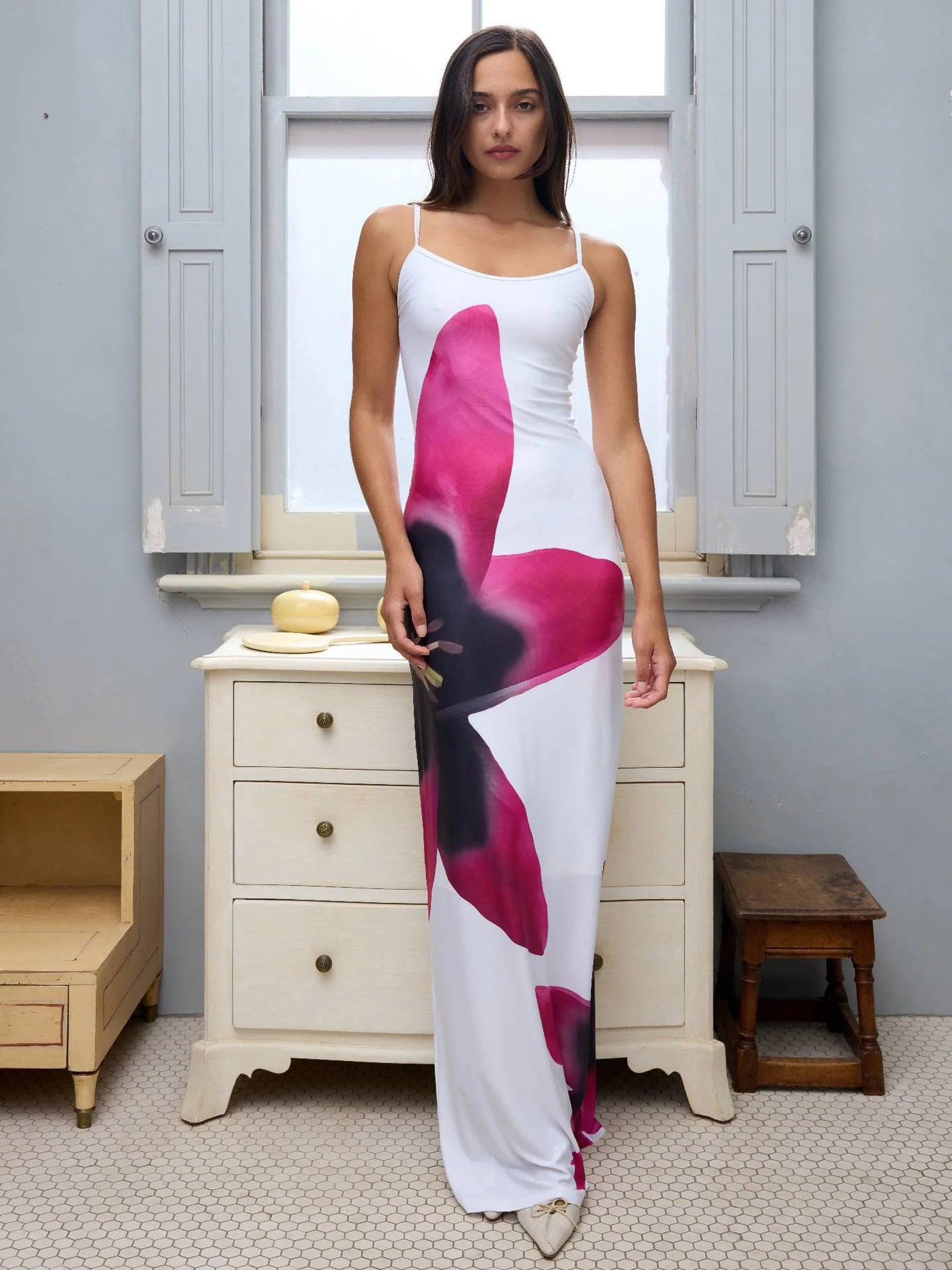 Foreign trade boutique summer sexy suspender skirt digital printing slim high waist sheath fashion beach travel dress